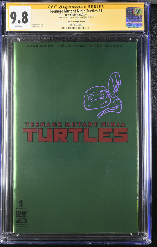 TEENAGE MUTANT NINJA TURTLES #1 GREEN FOIL LOGO EDITION CGC SS 9.8. SIGNED AND SKETCHED BY JOELLE JONES