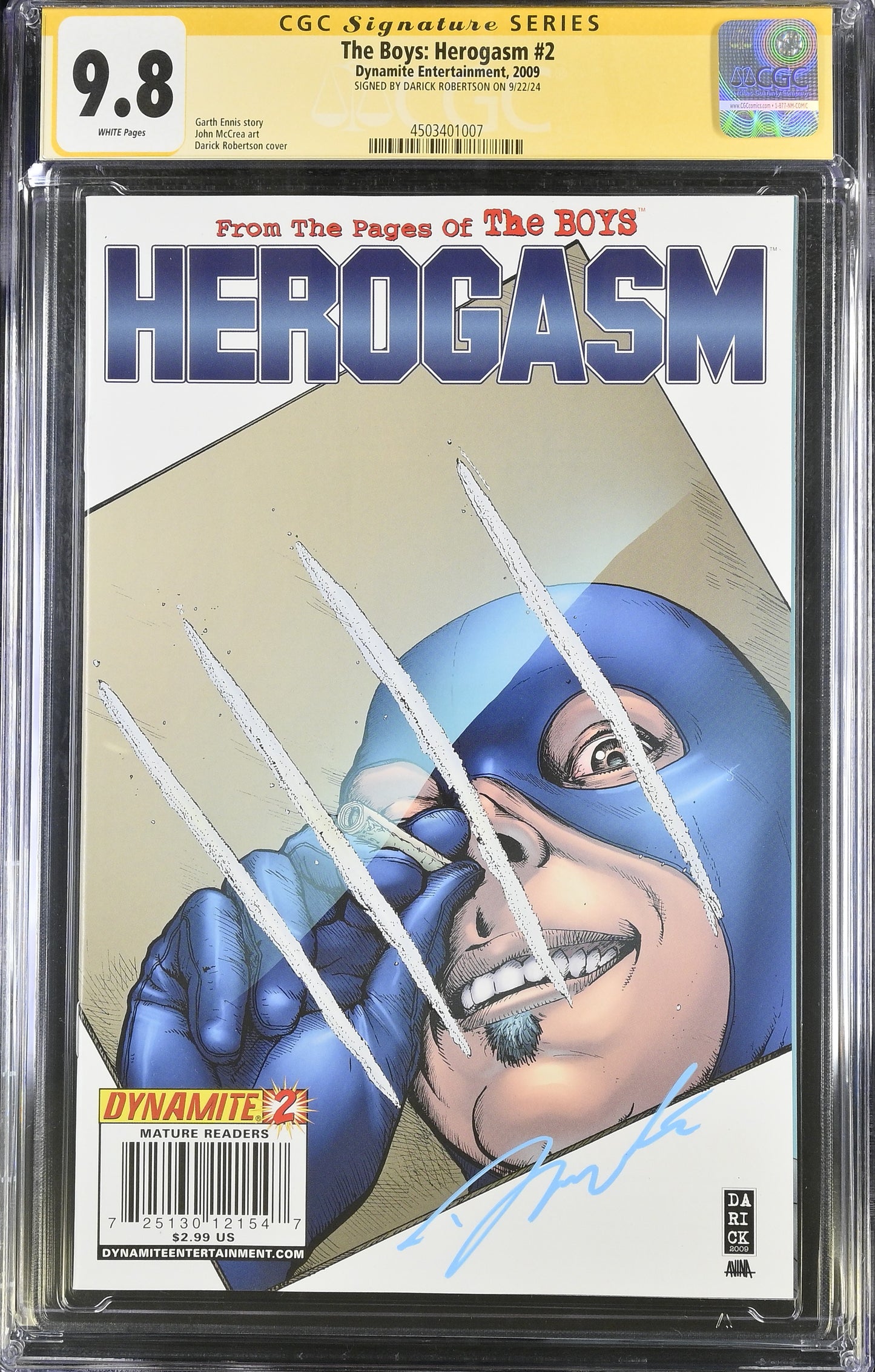 THE BOYS: HEROGASM #2 CGC SS 9.8. SIGNED BY DARICK ROBERTSON