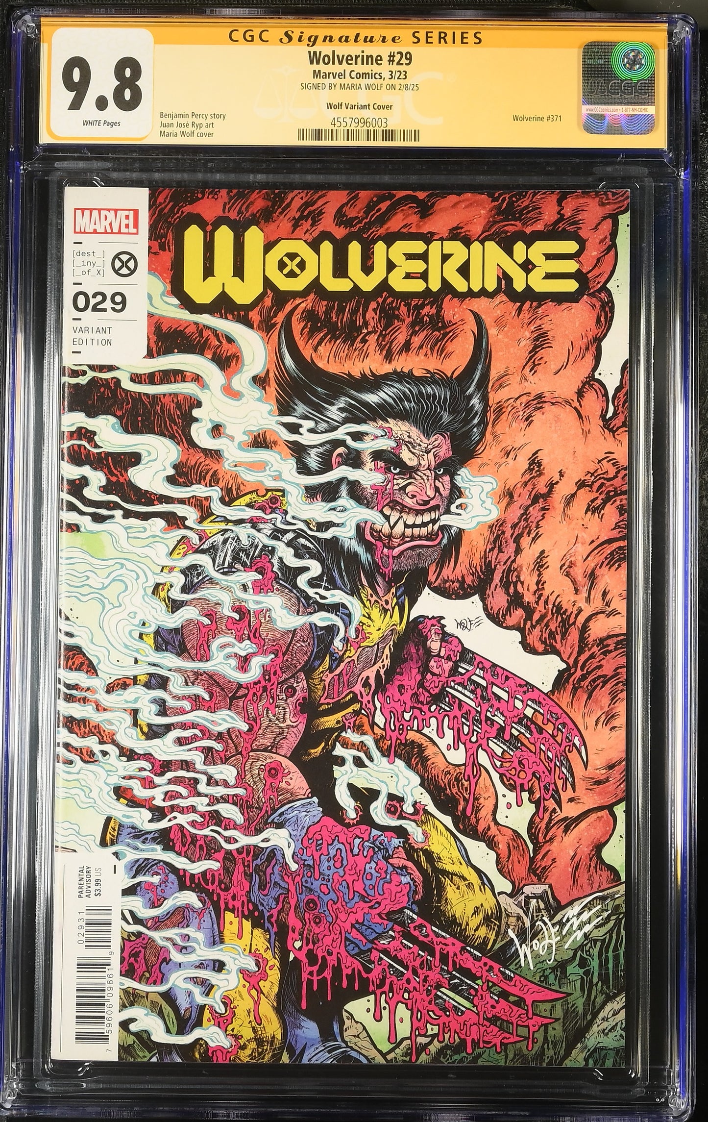WOLVERINE #29 WOLF VARIANT (1:25 RATIO) CGC SS 9.8. SIGNED BY MARIA WOLF