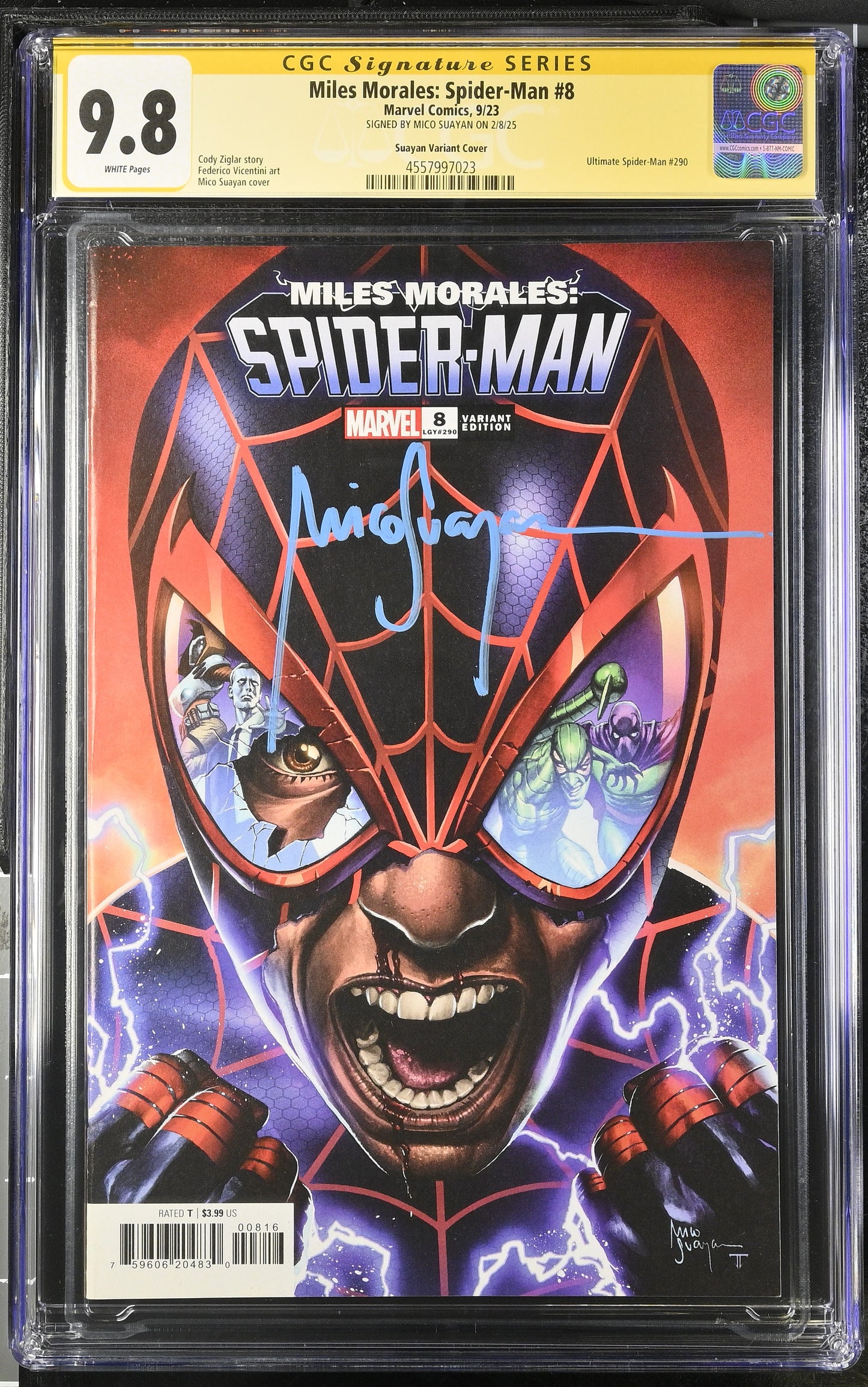 MILES MORALES: SPIDER-MAN #8 SUAYAN VARIANT (1:25 RATIO) CGC SS 9.8. SIGNED BY MICO SUAYAN