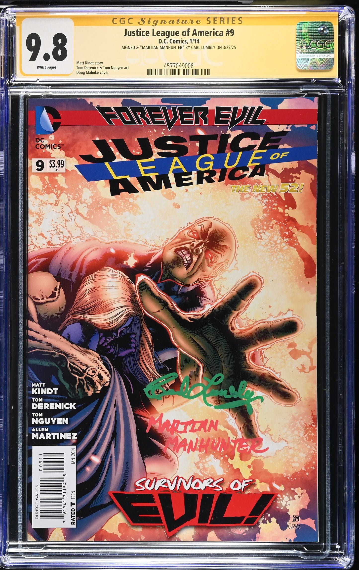 JUSTICE LEAGUE OF AMERICA #9 CGC SS 9.8. SIGNED BY CARL LUMBLY (MARTIAN MANHUNTER)