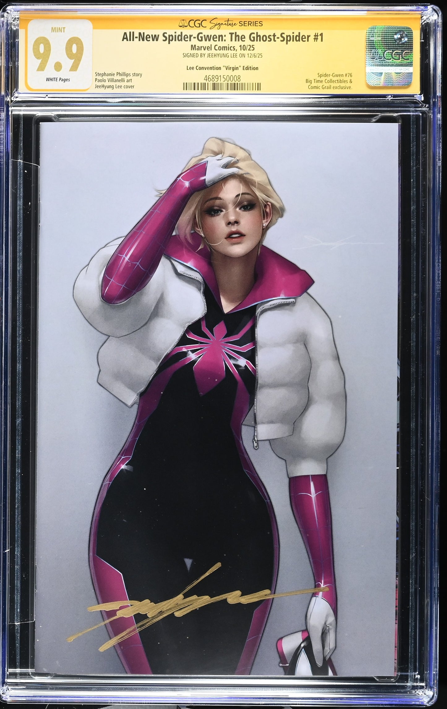 ALL NEW SPIDER-GWEN: THE GHOST SPIDER #1 VIRGIN CGC SS 9.9. SIGNED BY JEEHYUNG LEE