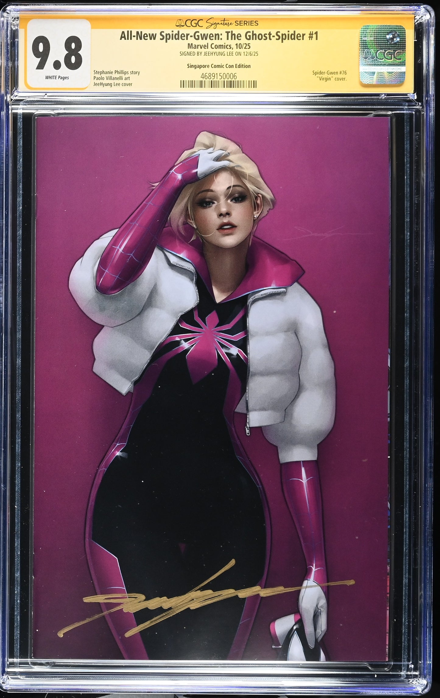 ALL NEW SPIDER-GWEN: THE GHOST SPIDER #1 SGCC VIRGIN CGC SS 9.8. SIGNED BY JEEHYUNG LEE